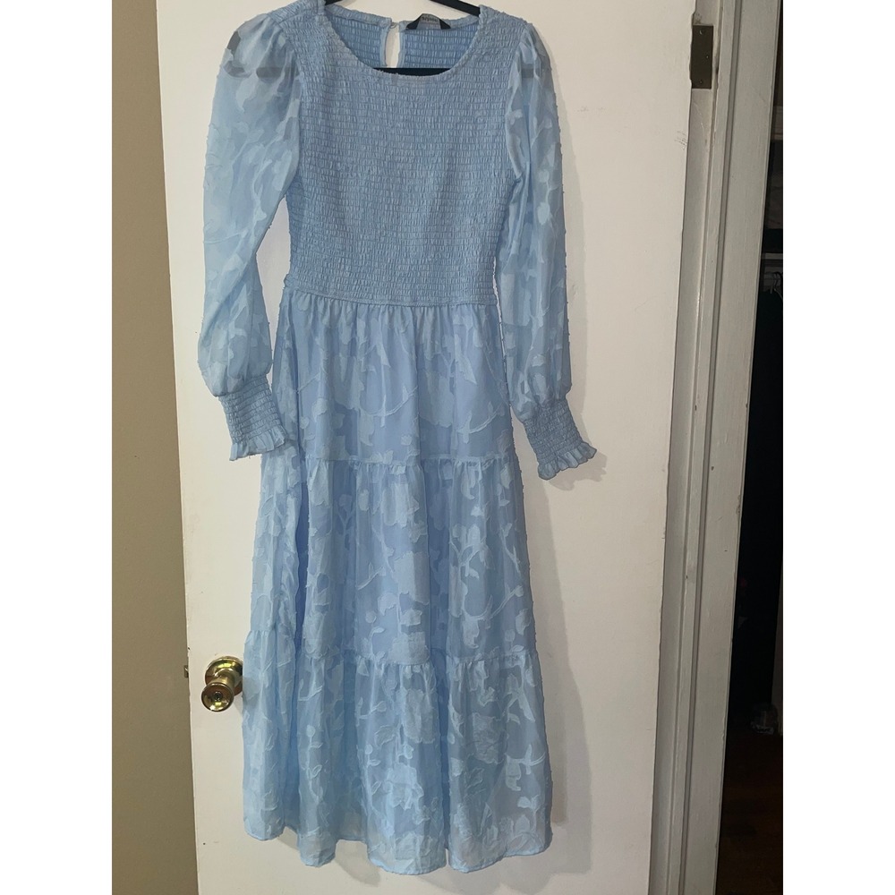Fashion Light Blue Smocked Floral Burnout Tiered Midi Dress Long Sleeve Small